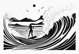 A girl that surfs on a longboard in a very elegant style and it should be very minimalistic and fineline tattoo idea