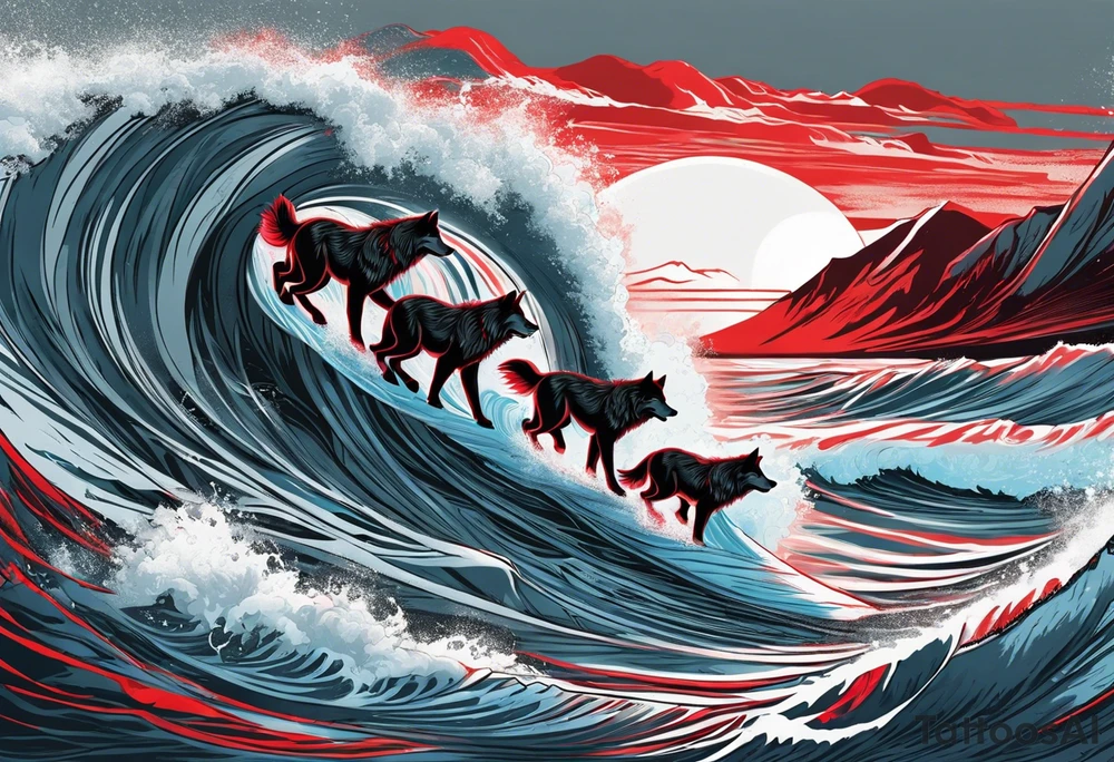 a pack of howling muscular  gray wolves surfing waves with a linear background with red, white and black and gray tattoo idea