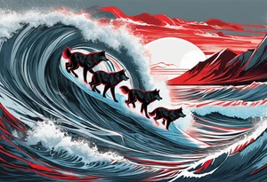 a pack of howling muscular  gray wolves surfing waves with a linear background with red, white and black and gray tattoo idea