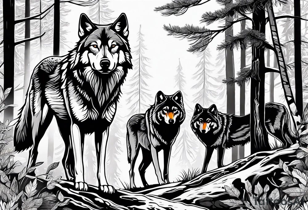 Wolves in a forest tattoo idea