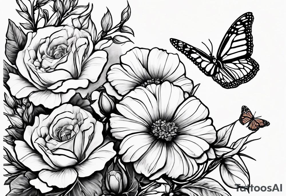 Rocky mountain peak with mountain blue birds and monarch butterflies with wild prairie roses for a half sleeve tattoo idea