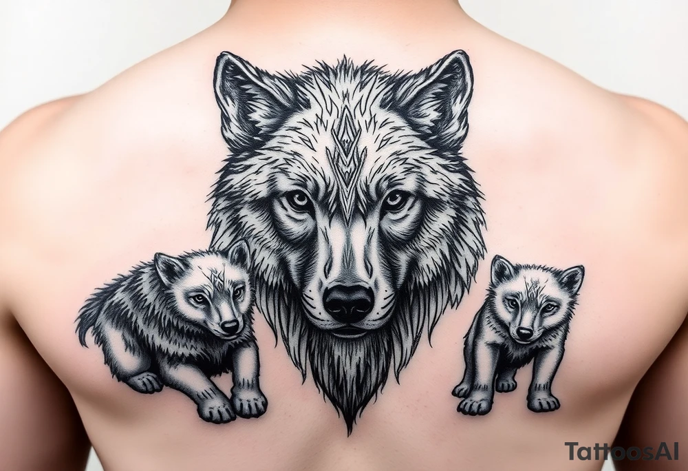 A solitary yet sublime and noble wolf and its progeny. the face tattoo idea