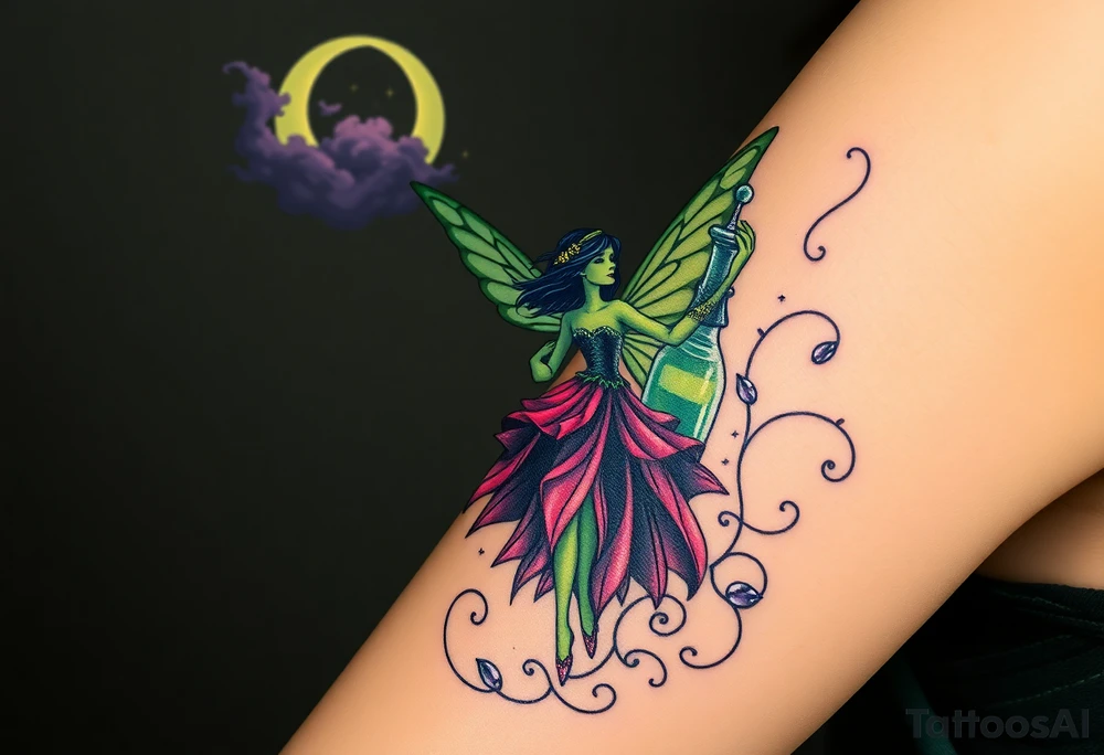 Tim Burton’s style Vintage Parisian elegant and beautiful yet eerie full body absinthe Green Fairy dances outside her victorian crystal absinthe bottle Absinthe Art Nouveau   and dripping with muted reds, dusty pinks, and eerie green glow.purple and cyan smokey clouds swirl in the crescent moonlit sky thats sprinkled with stars tattoo idea