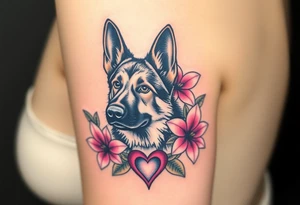 strong short haired german shepherd with alert ears surrounded by pink lilies with large leaves with a small sacred heart below tattoo idea