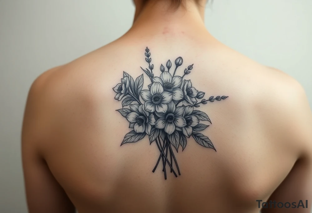 shoulder tattoo for women with bouquet of daffodils, daisy, lily of the valley tattoo idea