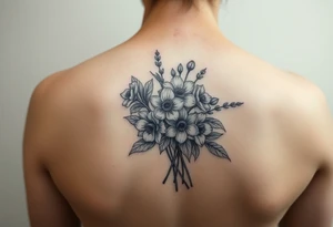 shoulder tattoo for women with bouquet of daffodils, daisy, lily of the valley tattoo idea
