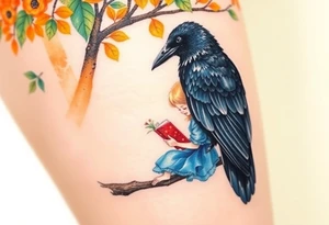 A Raven standing on the branch of an orange tree. A blond little girl wearing a blue dress sitting under the tree while reading a book. The raven is watching her. tattoo idea