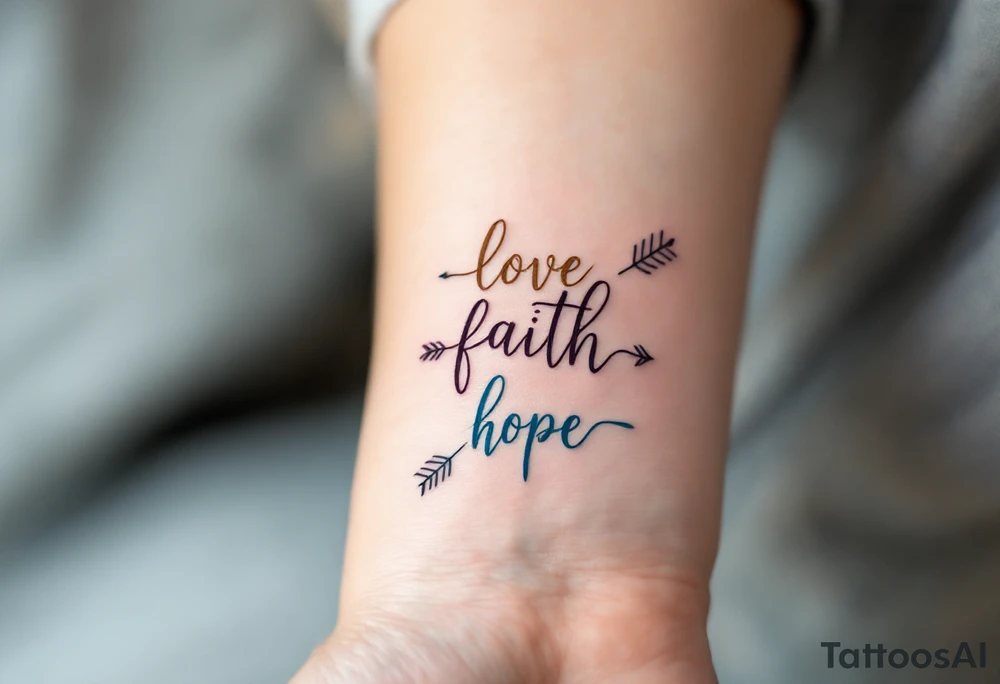 "Love" in dusty rose pink, "Faith" in antique gold, and "Hope" in sky blue, connected by a fine black arrow. tattoo idea