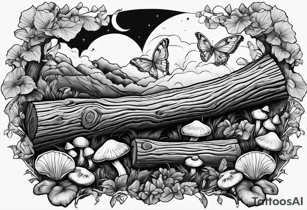 Fallen log with some mushrooms and Luna moth tattoo idea Fallen log with some mushrooms and Luna moth tattoo idea
