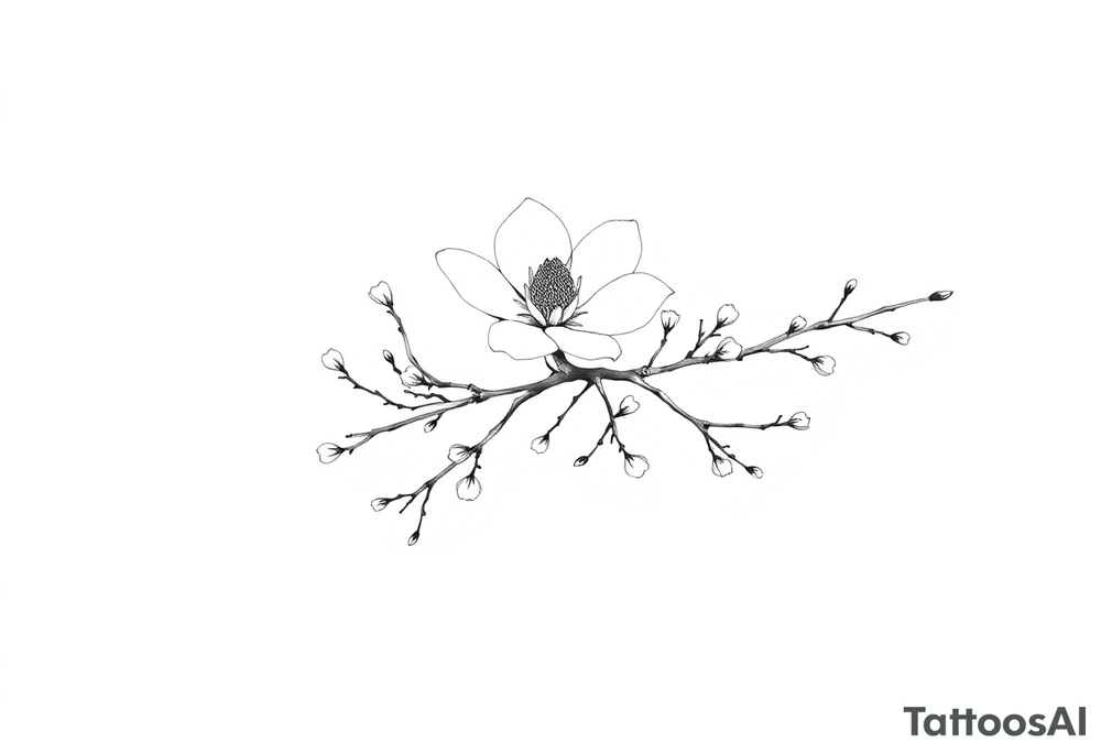 Graceful long magnolia branch with small flowers in early blossom stage with closed flowers tattoo idea