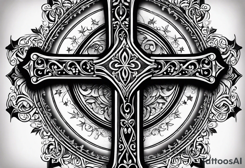 A cross under that is a scroll with my family’s names on it and put some stars around it tattoo idea
