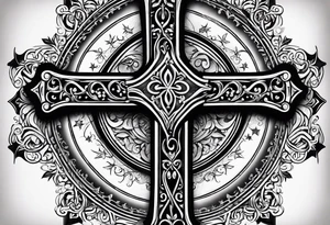 A cross under that is a scroll with my family’s names on it and put some stars around it tattoo idea