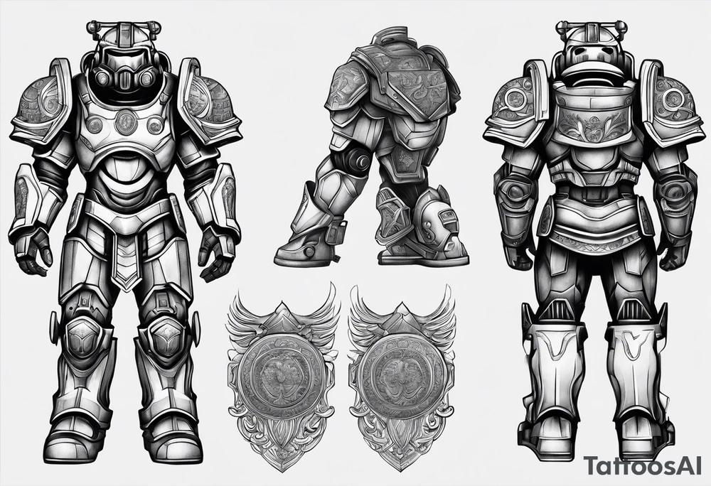 Power armor with Greek engravings tattoo idea