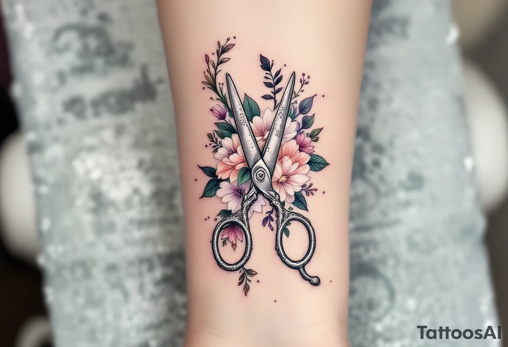 Floral Scissors Tattoo – Silver scissors with intricate floral patterns growing around them, blending greenery with soft pastels like peach, pink, and lavender. The flowers represent creativity and craftsmanship. tattoo idea