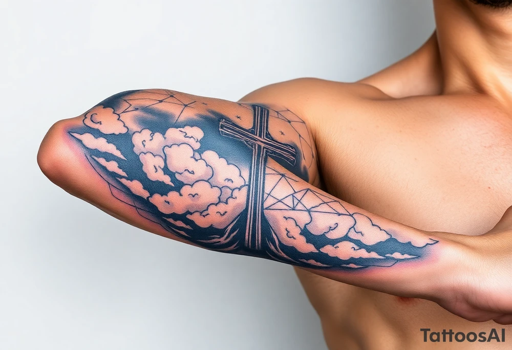 cast all your anxiety on him because he cares for you" with a cross and clouds over it tattoo idea