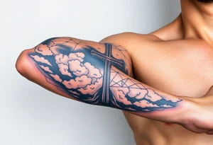 cast all your anxiety on him because he cares for you" with a cross and clouds over it tattoo idea