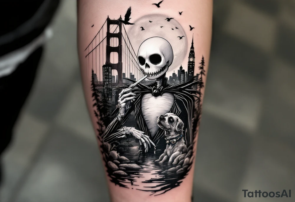 majestic jack skellington with dog,smoking a blunt and fishing,surrounded by city buildings,golden gate bridge, birds, palm trees, tattoo idea