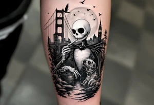 majestic jack skellington with dog,smoking a blunt and fishing,surrounded by city buildings,golden gate bridge, birds, palm trees, tattoo idea