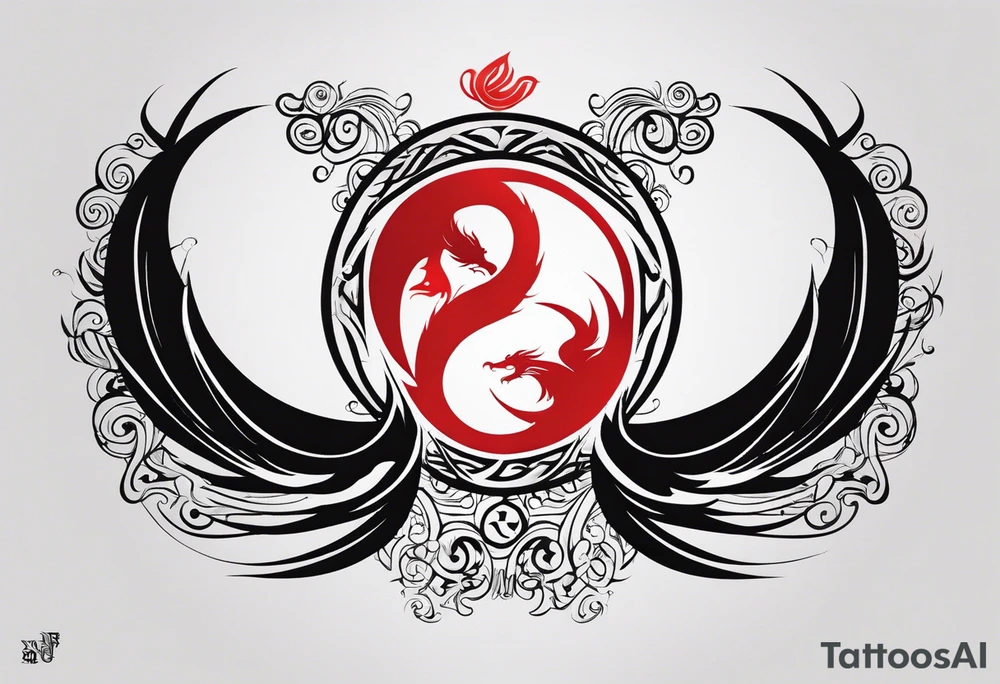 For a Gen Z-inspired dragon and phoenix tattoo, think of a clean, minimalist design that combines symbolism with bold, sleek lines. Imagine a dragon and phoenix spiraling together in a yin-yang-inspired layout. The dragon has a slightly abstract, modern shape, with sharp, flowing lines to show power, resilience, and wisdom, while the phoenix is rendered with sweeping curves and minimal detailing, symbolizing rebirth, growth, and transformation.

Both creatures should interact harmoniously, representing balance and duality. To keep it meaningful, focus on line work rather than intricate shading—clear, open spaces allow the tattoo to feel light and energetic. Adding small symbols, like stars or a faint galaxy backdrop, can enhance the "rising from ashes" and "strength through challenge" themes. This design will appeal timelessly while resonating with Gen Z’s love for symbolism and simplicity. tattoo idea