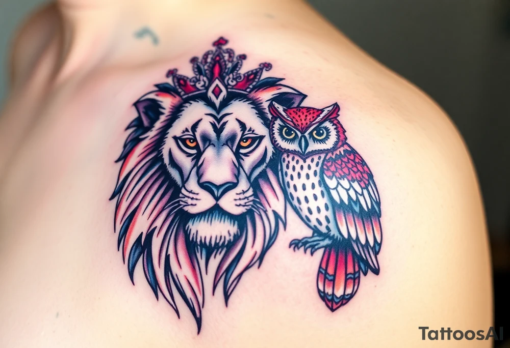 powerful majestic lion with a tiara and male owl  love tattoo idea