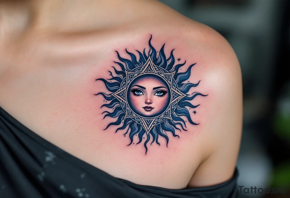 Rendered in deep indigo and black, this Celtic sun reflects night-sky strength and spiritual power. tattoo idea