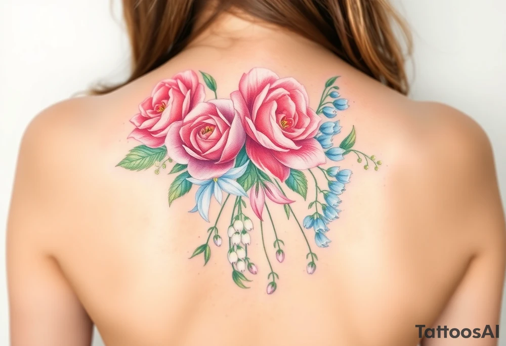 Bouquet of flowers with a carnation, rose, Lily of the valley, delphinium with stems going down Spain tattoo idea