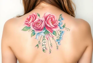 Bouquet of flowers with a carnation, rose, Lily of the valley, delphinium with stems going down Spain tattoo idea