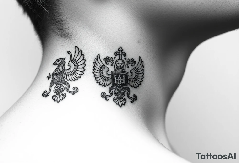 russian coat arms in a russian christian orthodox style virgin mary & orthodox dome church on the side of the neck tattoo idea