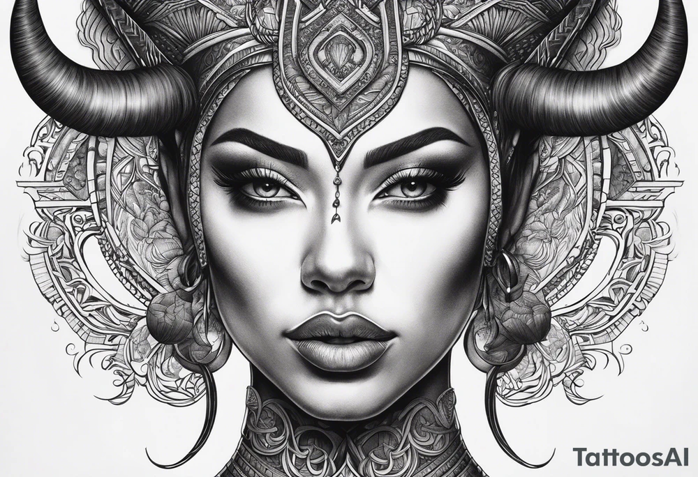 symmetrical woman head with curved horns facing downwards dark realism looking front facing view, ultra-detailed, high quality, high sharpness, hyper-realism, hyper-photorealistic, hyper-realistic tattoo idea