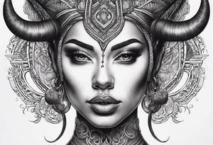 symmetrical woman head with curved horns facing downwards dark realism looking front facing view, ultra-detailed, high quality, high sharpness, hyper-realism, hyper-photorealistic, hyper-realistic tattoo idea