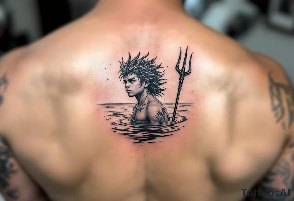 young poseidon, with trident, in water, looking at the horizon tattoo idea