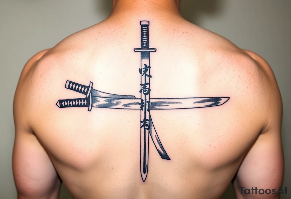 Katana with a black belt and fabled written in korean tattoo idea