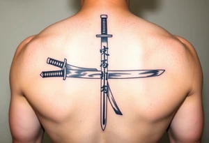 Katana with a black belt and fabled written in korean tattoo idea