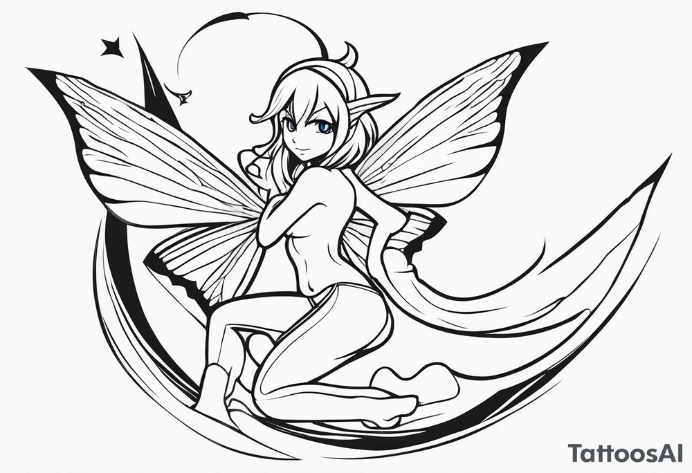 No color fairy with a tail inspired by the guild symbol in the anime show called Fairy Tail in a fetal position leaning in and forward while crawled in tattoo idea