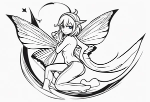 No color fairy with a tail inspired by the guild symbol in the anime show called Fairy Tail in a fetal position leaning in and forward while crawled in tattoo idea