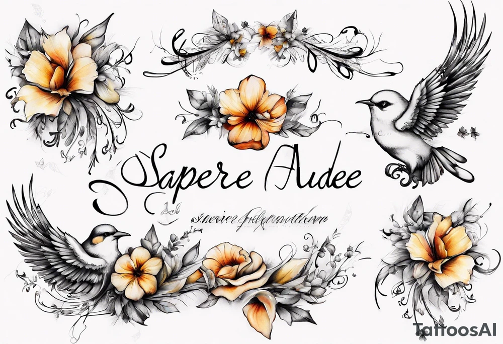 " sapere aude" schrift blumen ranken , vögel, wind tattoo idea