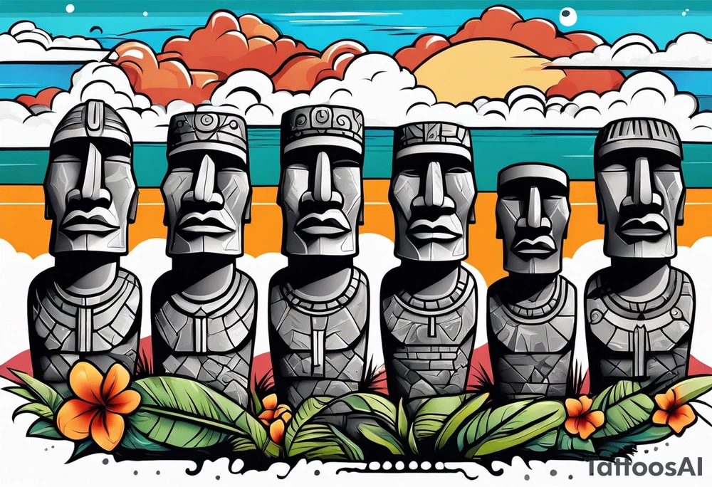 Four Easter island heads on an island landscape with hawks circling above tattoo idea
