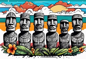 Four Easter island heads on an island landscape with hawks circling above tattoo idea