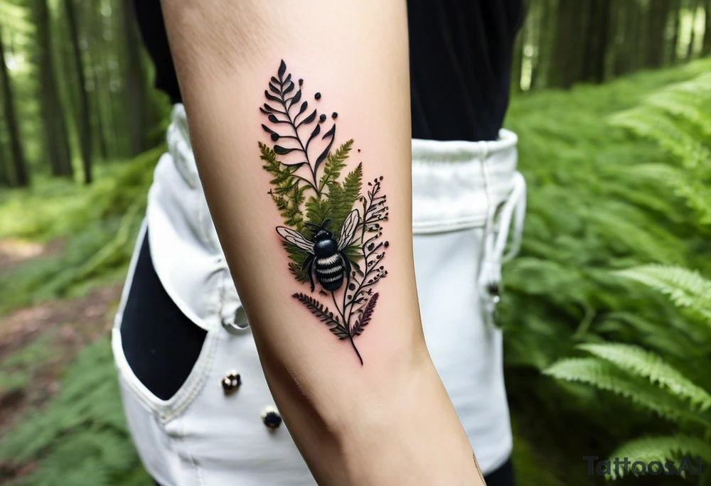 forest floor inspired minimalist tattoo, which includes grass, curly ferns, moss and dead leaves as the bulk of the tattoo. details to include: forest berries, a tiny bumblebee flying nearby, three small brown mushrooms
Generate a vertically long one tattoo idea
