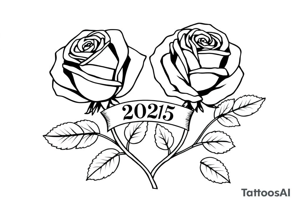 two beautiful large rose buds, one larger than the other, with many leaves next to the rose buds, with one sitting higher than the other. Include a banner connecting the two roses with the year "2025" on it.   Use dark outlines with little shading. The two stems should be short, not long, and connect and join into one stem, whimsically curved or twisted - not straight down. tattoo idea