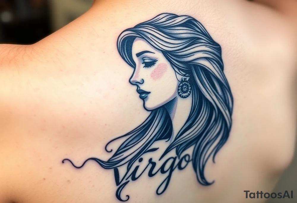 A detailed profile of a serene goddess with silver and deep navy shading and the word virgo tattoo idea