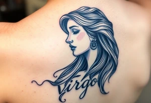 A detailed profile of a serene goddess with silver and deep navy shading and the word virgo tattoo idea
