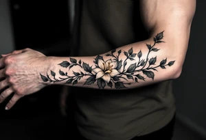 starting from a band mid-forearm, a sleeve of holly flowers and daffodils tattoo idea