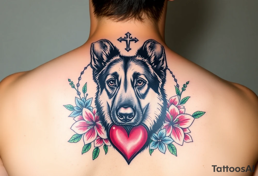 realistic german shepherd dog with floral lilies watercolour style colourful pink blue and green in front of a sacred heart tattoo idea
