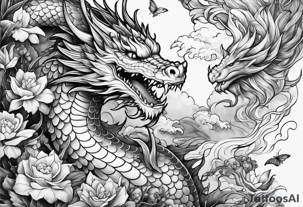 fairy and a dragon in the background tattoo idea