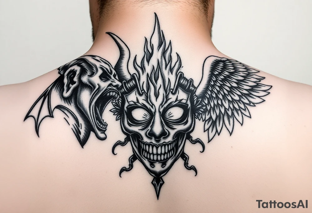 Realistic neck tattoo design. On one side, near one ear, a screaming demon facing inward. On the other side, near the other ear, a screaming angel facing the demon. Between them, in the center of the front neck, a cracked ancient mask with fire and light emerging from inside, symbolizing inner conflict and balance between good and evil. Highly detailed black and grey style, fine line shading, symmetrical, intense emotion, realistic texture. tattoo idea