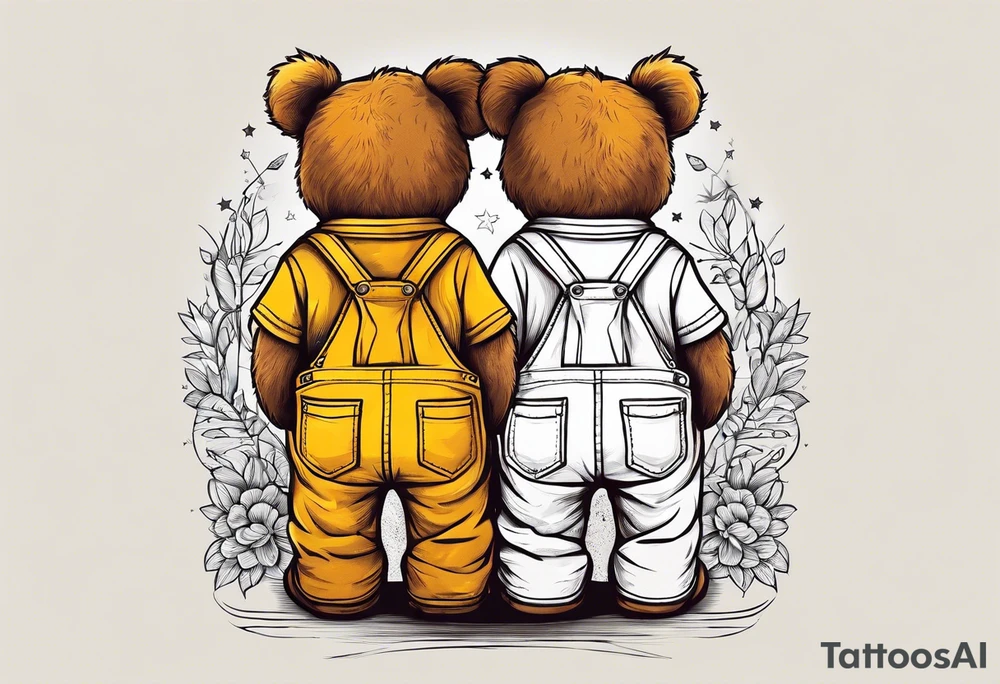 the back of a standing skinny, brown ,
teddy bear in long, yellow overalls tattoo idea