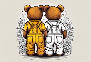 the back of a standing skinny, brown ,
teddy bear in long, yellow overalls tattoo idea
