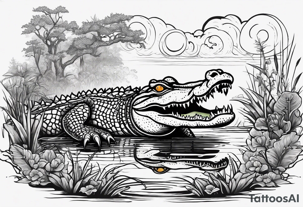 Louisiana swamp scene with large alligator and small alligator tattoo idea