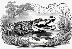 Louisiana swamp scene with large alligator and small alligator tattoo idea